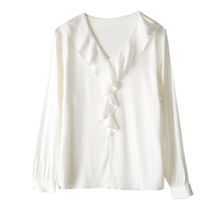 23姆米荷叶边V领长袖真丝衬衫女2026新款桑蚕丝白色气质内搭上衣