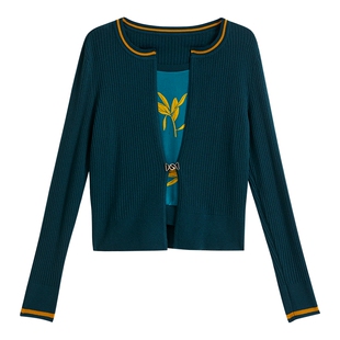 YINER音儿专选2025春季新款法式印花上衣假两件毛针织开衫