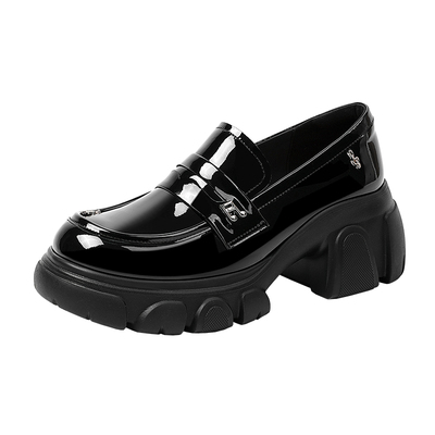 哈森厚底高跟乐福鞋女春季新款黑色漆皮亮面深口单鞋HS252505