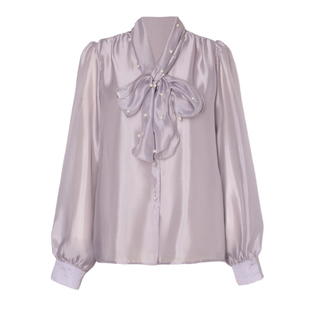 DPLAY【惠品】紫色飘带衬衫春季新款V领衬衣蝴蝶结法式上衣女仙气