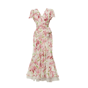 DPLAY2026年新款粉色印花沙滩度假连衣裙女法式雪纺长款裙子长裙