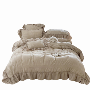 韩系法式全棉水洗棉四件套毛球公主风纯棉荷叶边被套床单床上用品