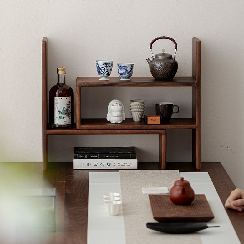 弥言实木桌面收纳柜子收纳胡桃木博古架书架黑茶具道功夫茶小配件