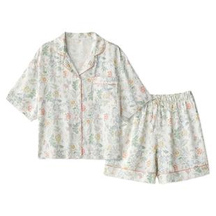 宽松版外穿春夏人棉睡衣女 贡缎莫奈花园短袖短裤休闲家居两件套T