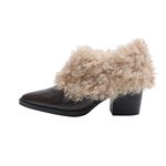 真皮~骄屿复古尖头加绒一脚蹬玛丽珍单鞋女保暖毛毛鞋高跟小皮鞋