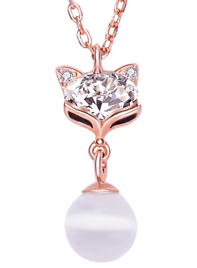 925银项链小狐狸吊坠女纯银镀金链子18K玫瑰金色猫眼石套链小众款