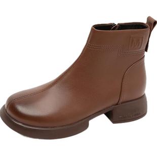 全羊皮靴子女软底短靴2025新款秋款女鞋真皮女靴秋冬季加绒马丁靴