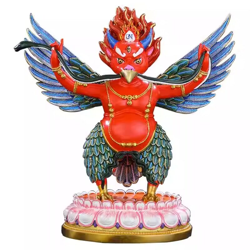 7寸金翅大鹏鸟佛像摆件 藏传密宗彩绘护法佛像莲花座护法纯铜摆件