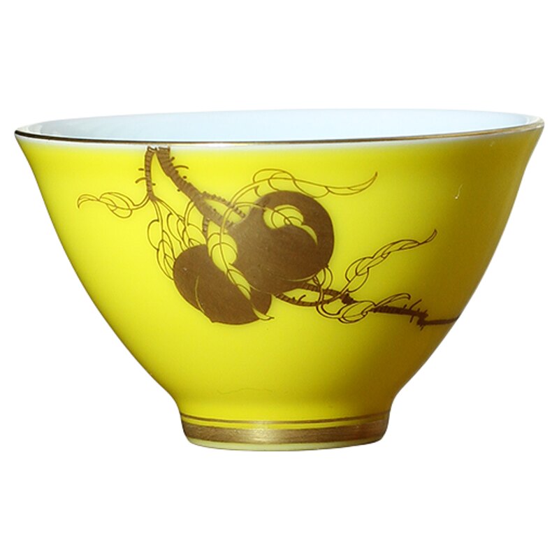 自慢堂手绘描金娇黄釉小桃心杯