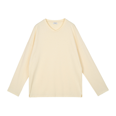 强捻棉V领落肩长袖T恤