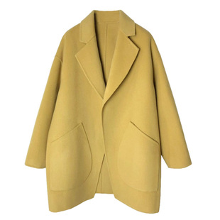 欧洲站双面羊绒大衣女2024秋冬新款宽松大码韩版茧型羊毛呢外套黄