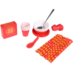 一次性餐具套装 婚宴酒席专用 缘至家 结婚红色喜字加厚杯碟碗筷