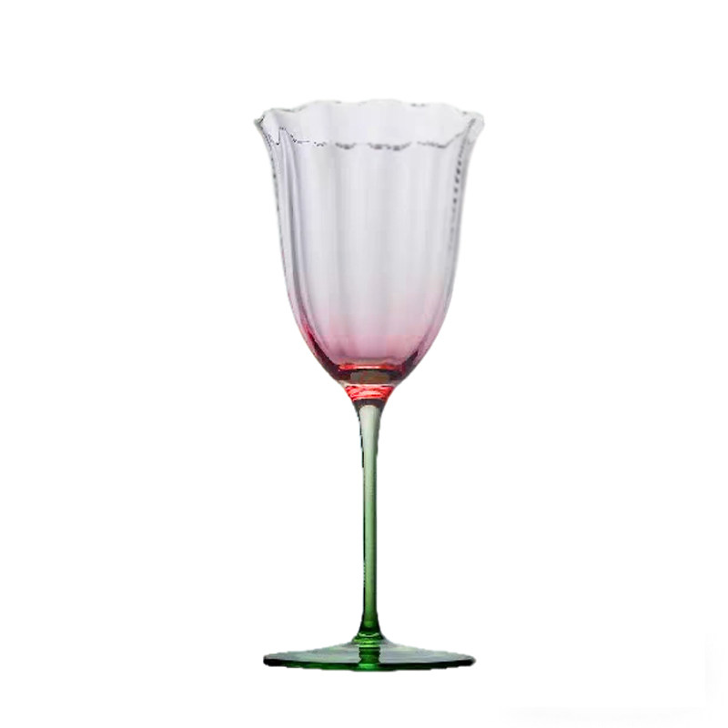 中古水晶粉绿手工花瓣高脚红酒杯