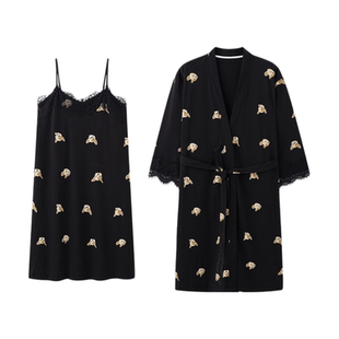维多利亚睡袍女款2026新款春秋季纯棉两件套黑色高级感睡裙家居服