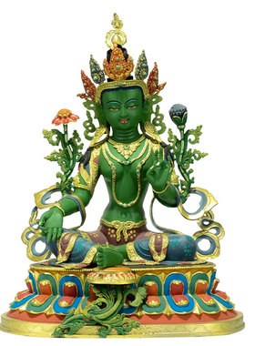 彩绘绿度母铜像桌面摆件