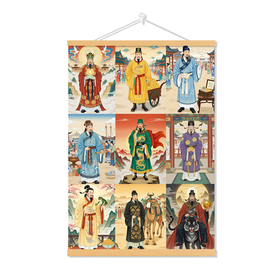九路财神画像王亥比干柴荣关公赵公明范蠡李诡祖刘海蟾实木挂轴画