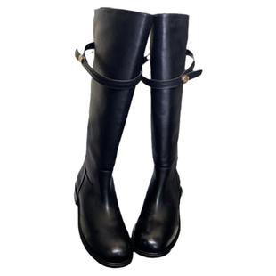 韩国手工鞋HOWUS真皮高靴粗跟锁扣百塔加绒高筒靴女骑士靴长靴冬