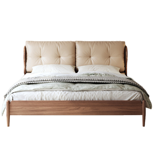 素图北美黑胡桃实木床1米8双人床卧室法式复古真皮软包高靠背婚床