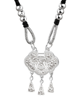 足银S999莲花流苏花丝银锁项链女纯银新中式平安锁吊坠编织绳送礼