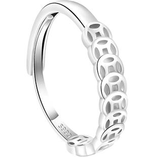 999纯银钱币戒指女招财聚财素圈指环复古小众设计转运食指开口戒