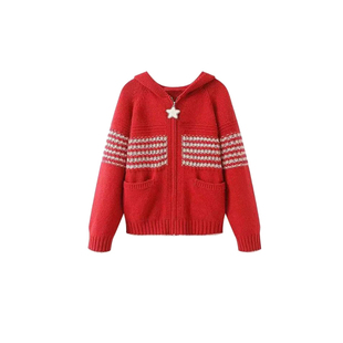 鞠婧祎明星同款多巴胺风红色条纹连帽针织开衫宽松高级感毛衣外套