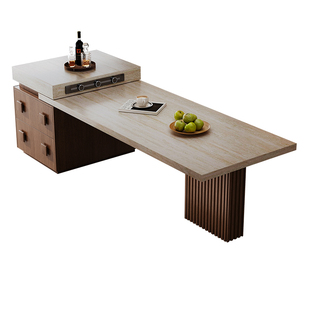 岩板岛台餐桌一体客厅家用中古风洞石中导台带水槽设计师款可定制