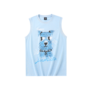 冯建宇同款LAMLICKA蓝色小狗背心男夏季潮牌美式坎肩宽松无袖t恤