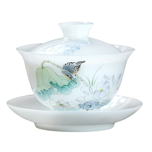 妙莲天香高档德化白瓷三才盖碗茶杯中式手绘陶瓷茶具泡茶专用茶碗