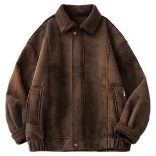 it FIVE CM皮毛一体翻领夹克男款加绒加厚冬季休闲复古麂皮绒外套