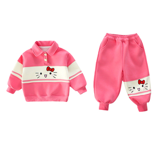 女童2026新款春装洋气猫咪拉条两件套女孩卫衣运动套装外套春装
