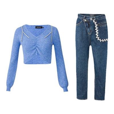 钻石肩链蓝色设计师牛仔长裤上衣