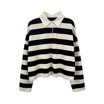 条纹polo衫女长袖t恤2024新款宽松甜美学院风慵懒风上衣