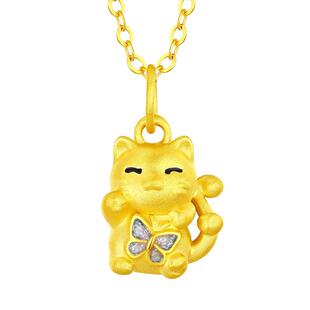 佐卡伊蝴蝶招财猫黄金吊坠珐琅彩蝴蝶足金猫咪挂坠项坠新款礼物