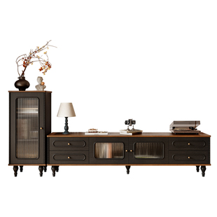 中古风实木电视柜边柜组合高脚款家用小户型法式复古客厅储物斗柜