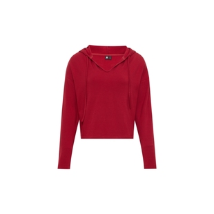 oneup美式短款红色v领连帽卫衣女春季薄款小个子宽松兔毛长袖上衣