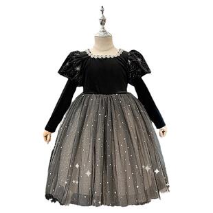 女童连衣裙秋冬季2025新款儿童高端黑色礼服小女孩洋气赫本公主裙