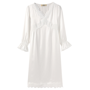 美标春秋新款法式长袖真丝睡裙女复古甜美100%桑蚕丝绸睡衣家居服