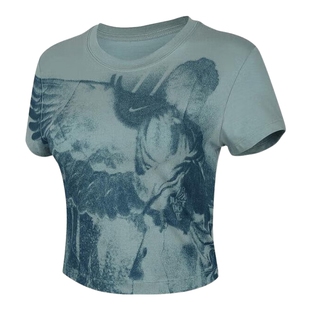 Nike耐克女子秋新款休闲印花紧身透气露脐短袖运动T恤HV5001-017