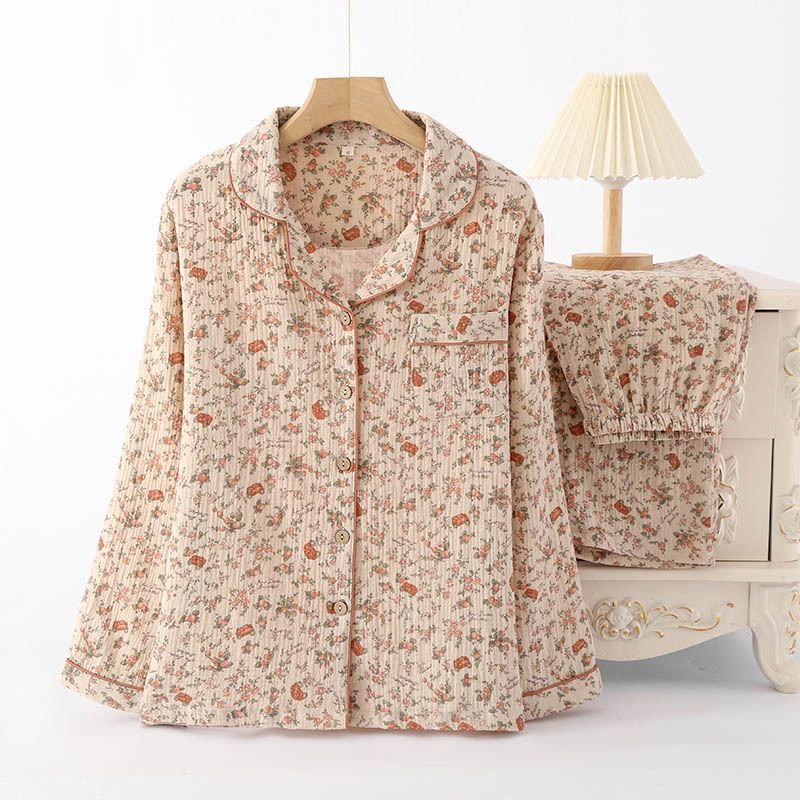 睡衣纯棉绉布女长袖 翻领开衫复古春季秋季女款 棉纱家居服两件套