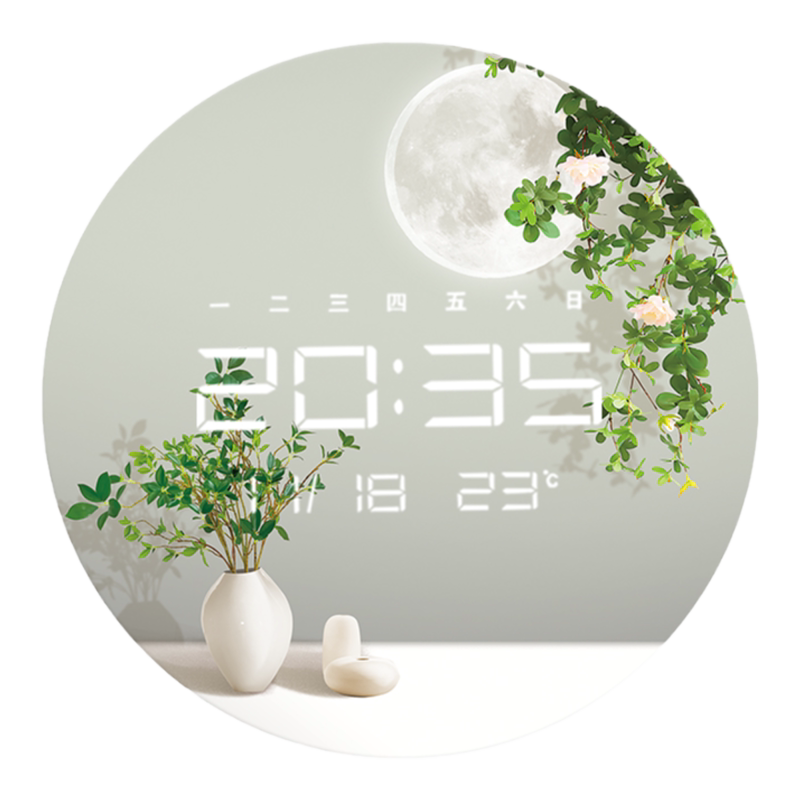 圆形装饰绿植夜光电子玻璃挂钟