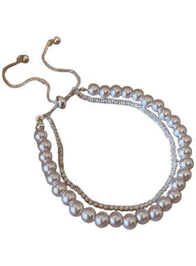 可抽拉双层叠戴人工珍珠串珠手链