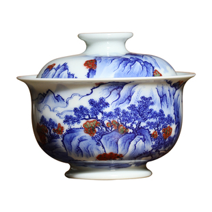小桥窑手绘青花釉里红山水茶具压手杯盖碗壶承手工茶具