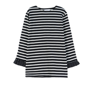 春季女装新款圆领横条纹百褶袖口百搭T恤2026韩版宽松九分袖上衣