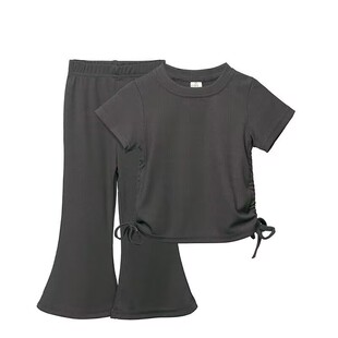 新款女童抽绳短袖喇叭裤套装女宝夏季洋气休闲时髦卡通爆款酷T恤