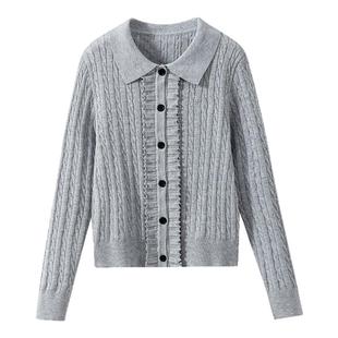 现货【小个子快入】 1OO%羊毛 复古学院风木耳边绞花针织开衫毛衣