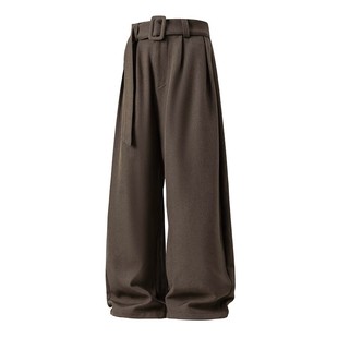 悟空有货老钱风腰带亚麻纹弯刀西裤男松弛感宽松阔腿休闲西装长裤