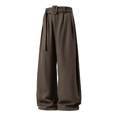 松弛感老钱风腰带亚麻纹弯刀西裤