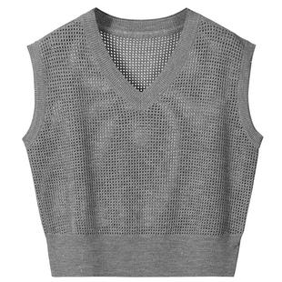 LANCY/朗姿2024秋季新款灰色羊毛镂空无袖针织马甲v领简约背心女