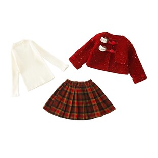 法国Uamtor女童圣诞雪花夹棉呢套装秋冬新年洋气红色格子裙三件套