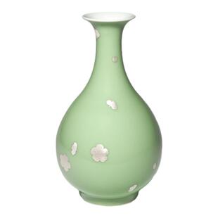 景德1004全手工高温原矿石灰碱青釉手绘碧色纯银落花玉壶春瓶22cm